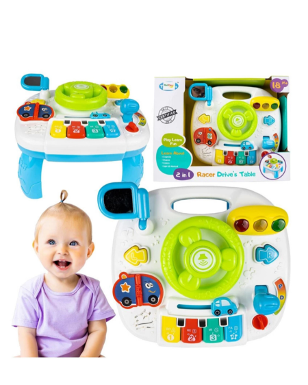 طاولة قيادة سيارات تعليمية للأطفال 2 في 1 – لعبة موسيقية تفاعلية مع أضواء وأصوات