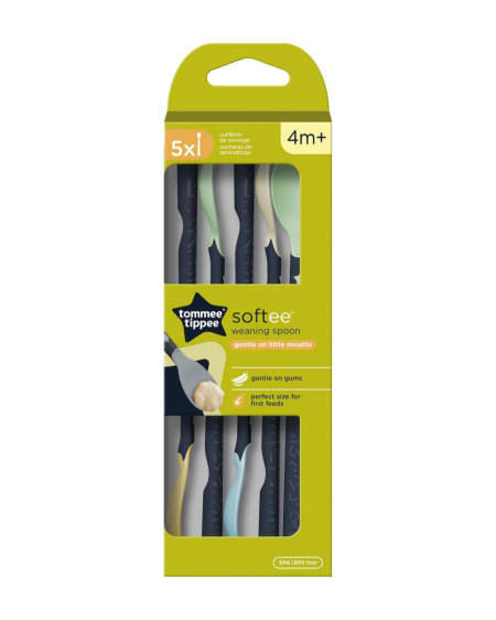 🥄👶 ملاعق فطام طويلة  Tommee Tippee Softee – طقم 5 ملاعق (من 4 أشهر+) 💚